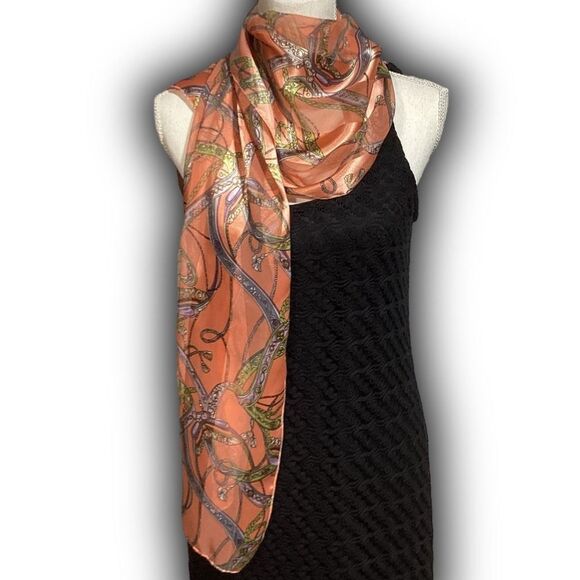 Vintage Orange Green Blue & White Ribbon & Rope Patterned Striped Silk Scarf - Picture 1 of 15